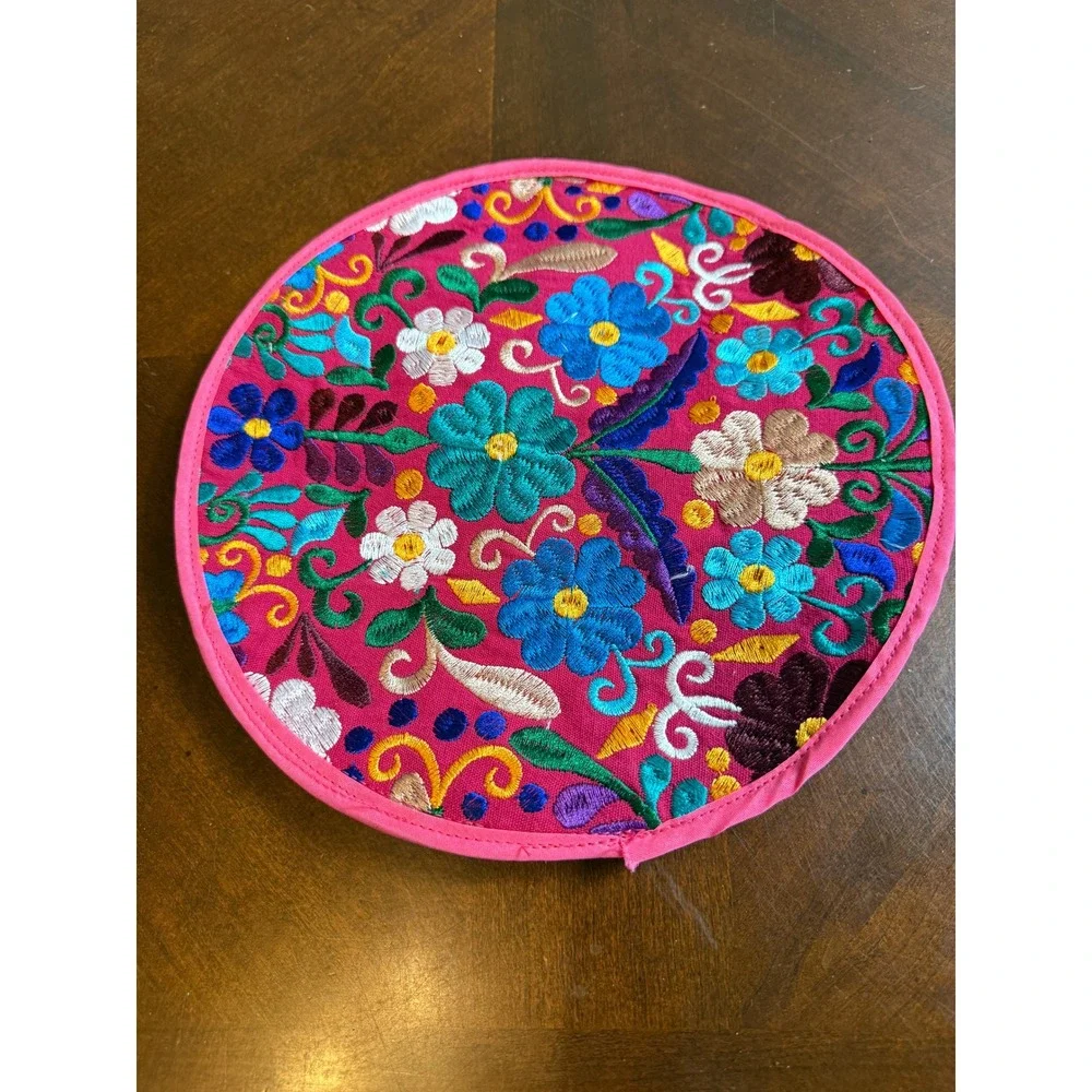 Mexican Hand Embroidered Floral Tortilla Warmer Pouch Pink Round Boho